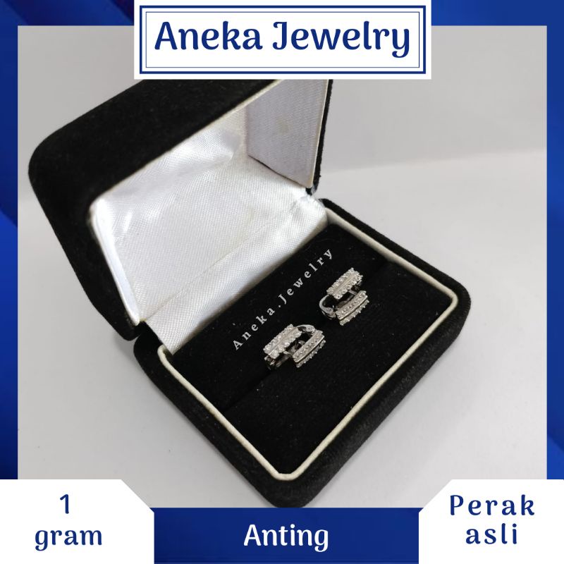 Anting Jepit Mata 2 Baris, Sepuh Emas Putih, Perak 925