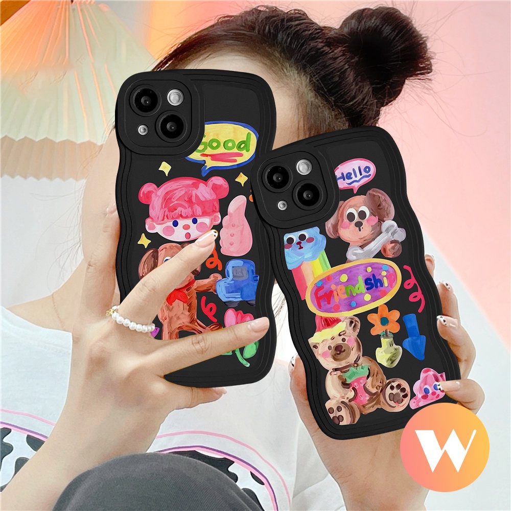 IPHONE Wavy Edge Kartun Soft Tpu Case Kompatibel Untuk Iphone7 8plus11 13 12 14 Pro Max 6s 14 6 Plus XR X XS Max SE 2020 Bunga Beruang Lucu Puppy Shockproof Back Cover