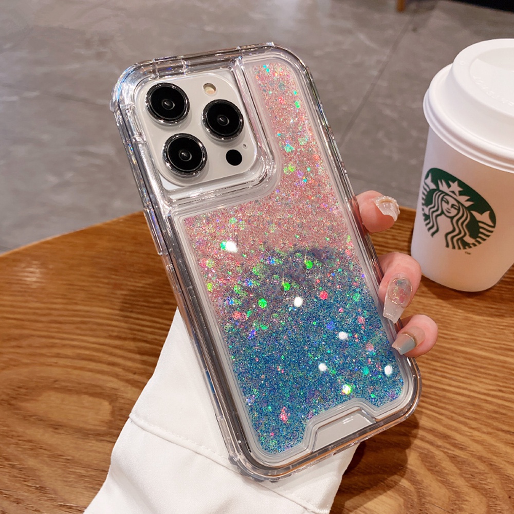 IPHONE Casing Ponsel 3in1 Sequin Gradasi Glitter Bening Untuk Iphone11 12 13 14 Pro Max7 +8 14 Plus12 13 Casing Mini X XR XS Max Sparkling Shockproof