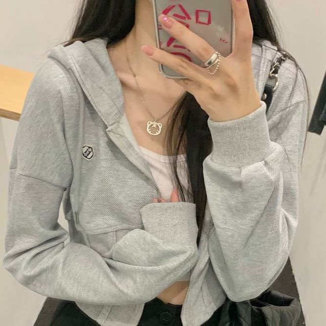 ▤۩Gaya Amerika sweater berkerudung wanita musim semi dan musim gugur bagian tipis dalam selera desain jaket kardigan atas gadis pendek yang chic