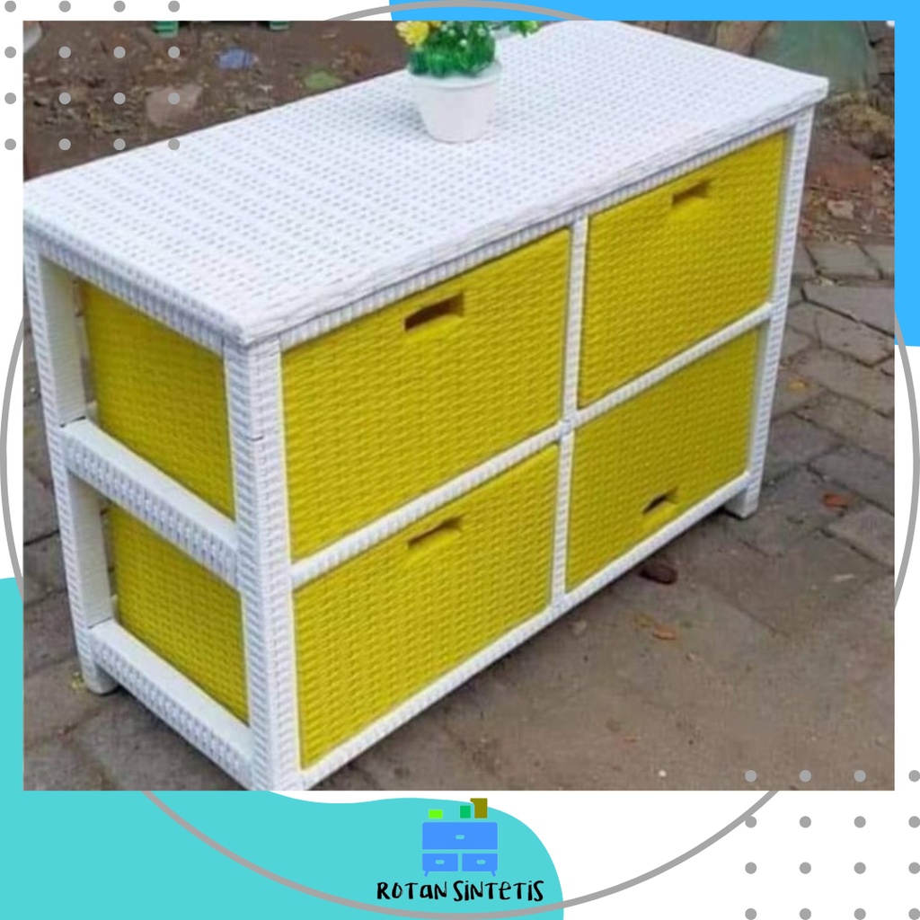 Lemari Laci Susun 4 Rak Bufet Serbaguna Rotan Sintetis Terakit