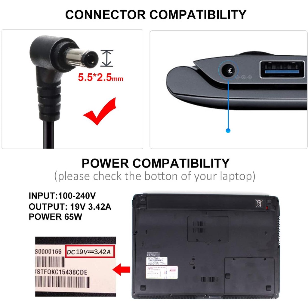 Adapter Charger Laptop ASUS U46SM U47 U47A U50 U50A U50F U52 U52F U53F U56 U56E U57 U57A U80 U80A U80V U81 U81A UL20 UL20FT UL30V UL50A UL50V UL80V 19V 3.4A 65W