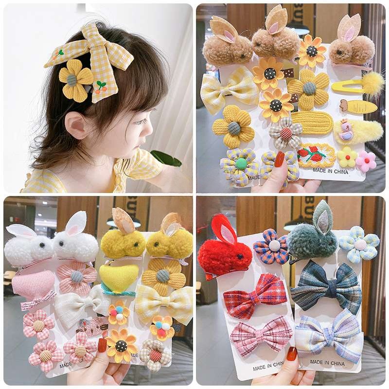 (Hello Girl)F180 Set Jepit 9In1 Jepit Rambut Anak Perempuan Motif Kelinci Bunga Wol Gaya Korea Import