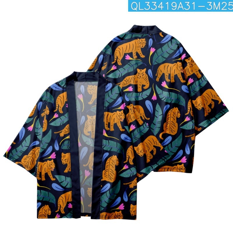baju Summer Couple Women Men Haori Yukata Streetwear Casual Cartoon Tiger Leaves Printed Kimono Beac