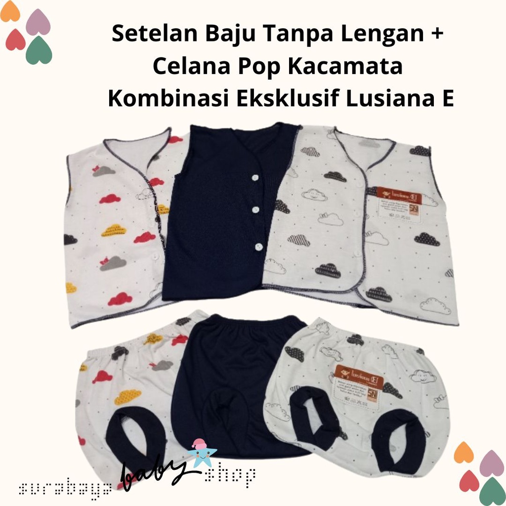 Setelan Baju Bayi New Born Tanpa Lengan + Celana Pop Kacamata Kombinasi Eksklusif SNI Lusiana E 652503 + 651030