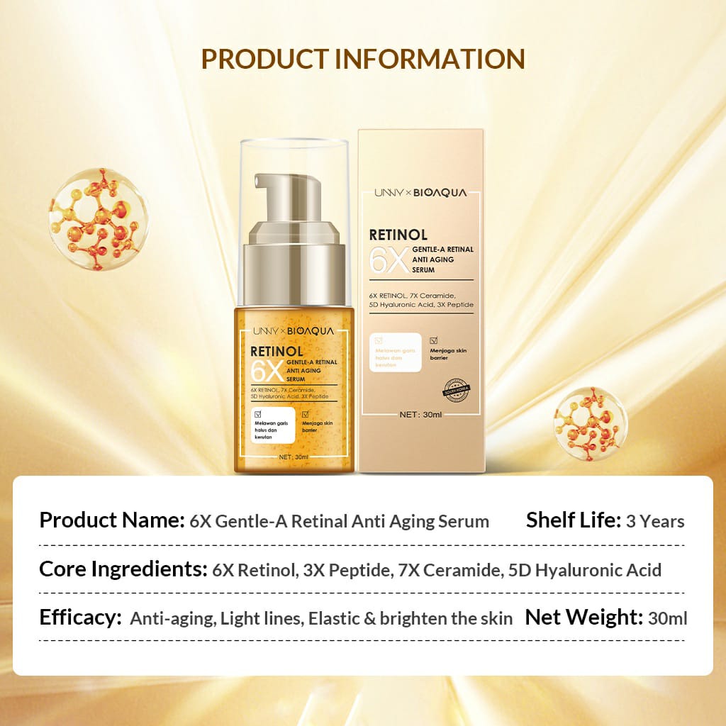 BIOAQUA 6X Gentle-A Retinol Serum Wajah Anti Aging Essence 30ml Dark Spot Serum Brightening untuk Flek Hitam With Retinol, Peptide,