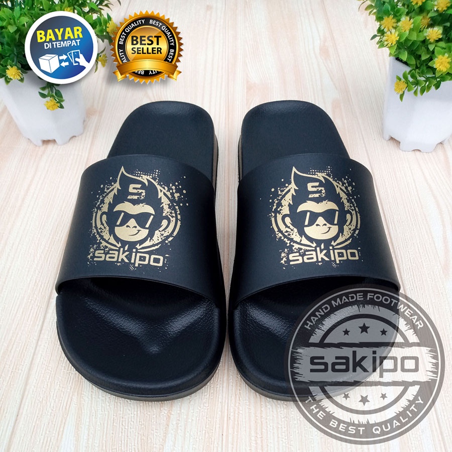 PROMO 2.2 COD SALE !! SANDAL DISTRO PRIA DEWASA REMAJA SLIDE HITAM EMAS TRENDI KEKINIAN RINGAN NYAMAN DIPAKAI / SANDAL TAHAN AIR TRENDI  / SAKIPO