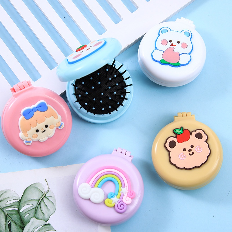 Alibaba1688 Sisir Lipat Bulat dengan Cermin Compact 2in1 Motif Cute