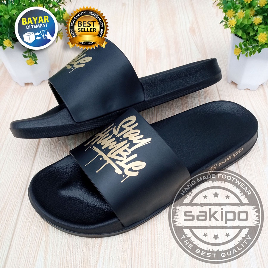 PROMO 1.1 NEW YEAR SALE !! SANDAL DISTRO KEREN KEKINIAN PRIA DEWASA REMAJA SLIDE HITAM EMAS MOTIF STAY HUMBLE / SENDAL SLIDE MURAH TERBARU / SAKIPO