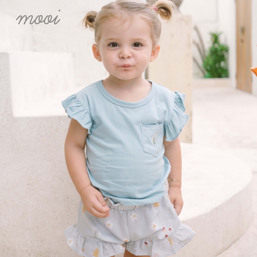 Baju Bayi Setelan Pendek Anak Perempuan Mooi Ruffle Pocket Tee 1-5 Tahun
