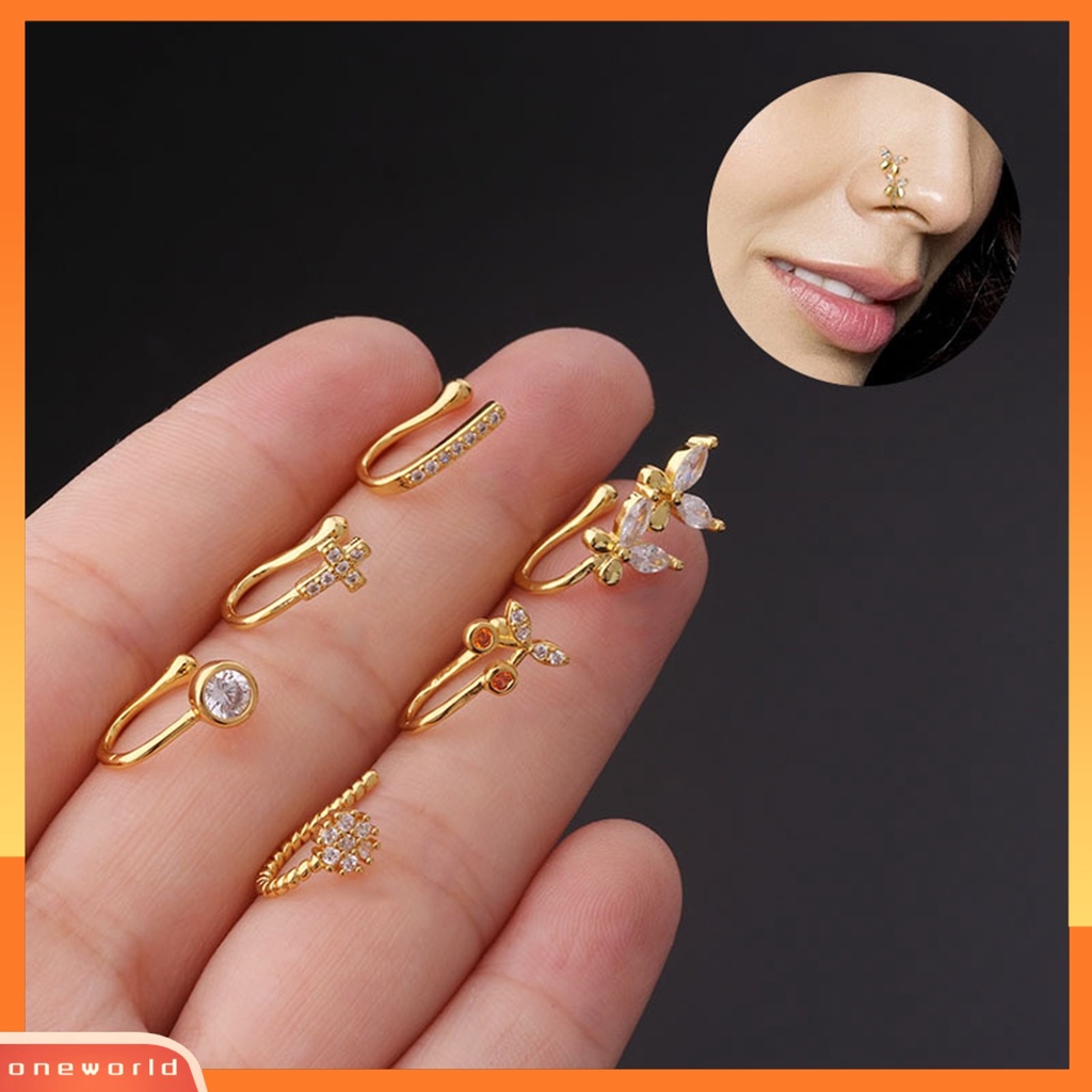 [oneworld] Klip Tindik Hidung Eye-catching Bentuk U Tembaga Cubic Zirconia Multi--style Shiny Ear Cuff Nose Stud Untuk Pakaian Sehari-Hari