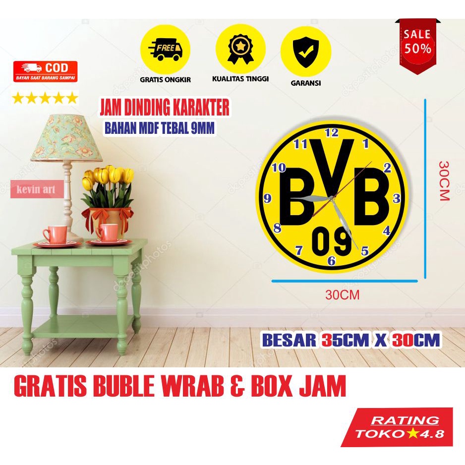 Jam Dinding Tempel Tembok Keren Motif Dortmund BVB Unik Minimalis Terbaru