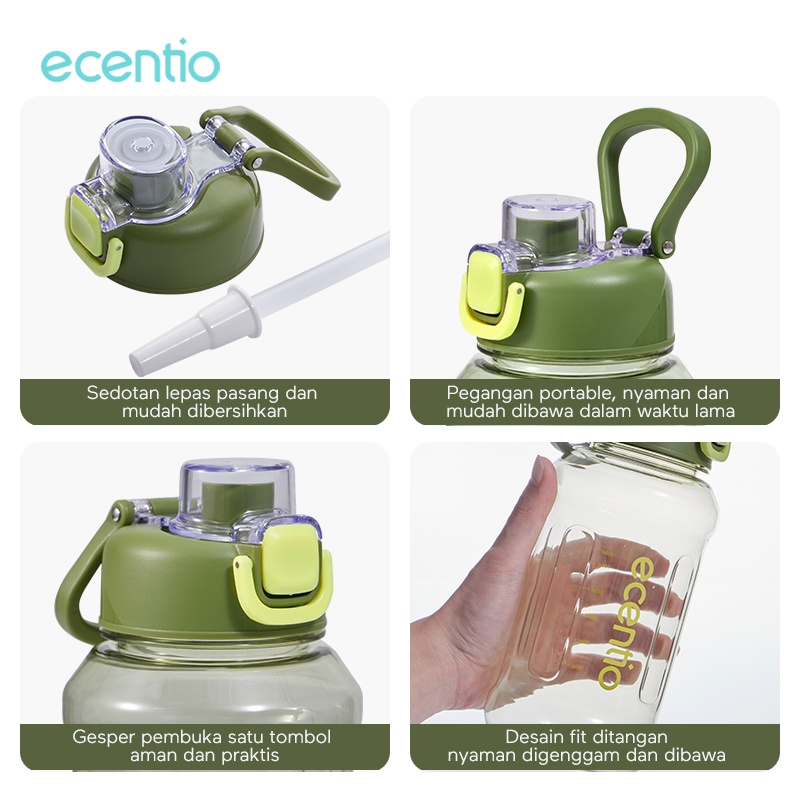 ecentio Botol Minum 1000ml Dan Sedotan Besar Botol Air Minum Sport Anti Bocor Botol Olahraga Tempat Minum BPA Free