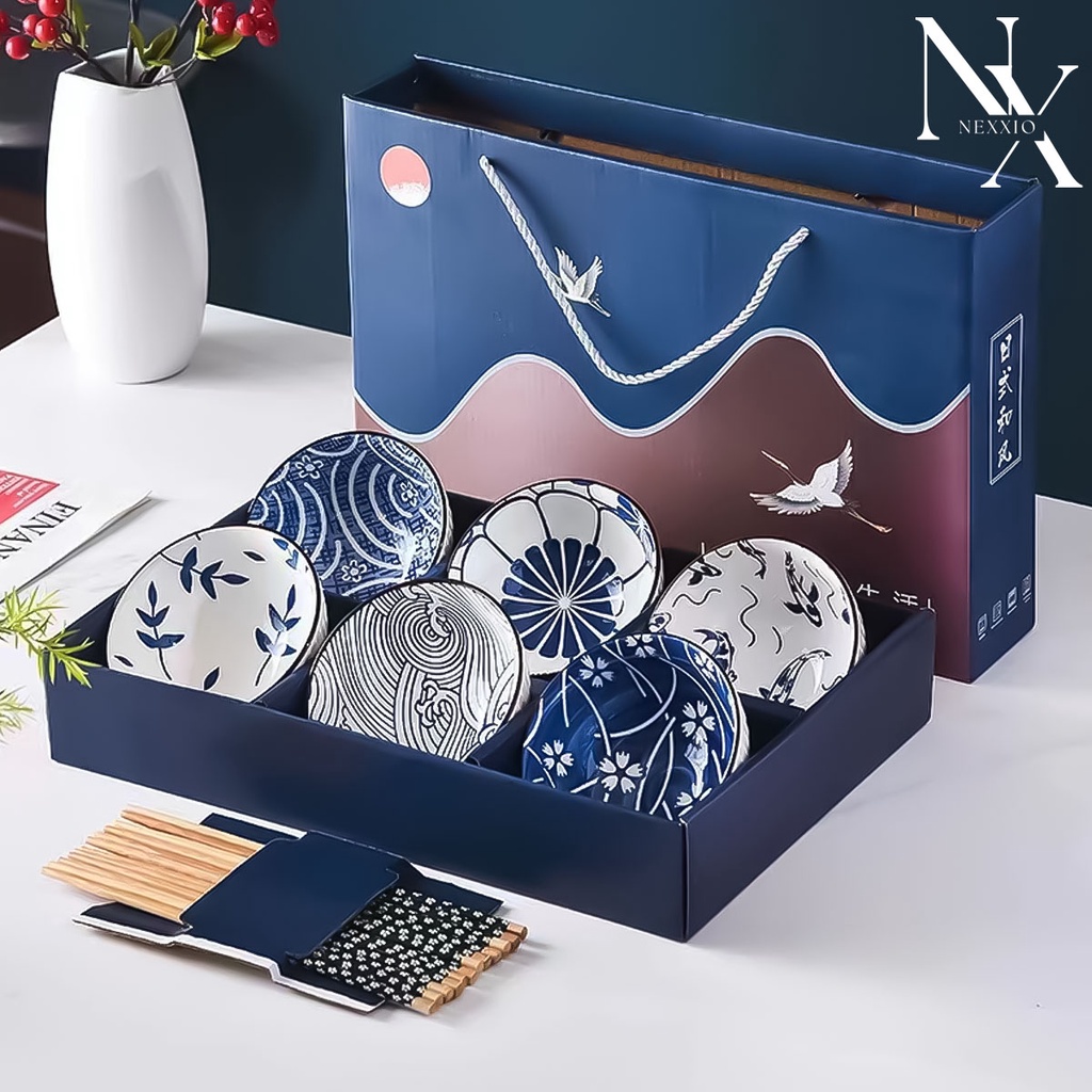 NEXXIO Souvenir mangkok set premium isi 6 peralatan makan porselen biru dan putih mangkuk keramik kotak hadiah mangkok hampers set premium