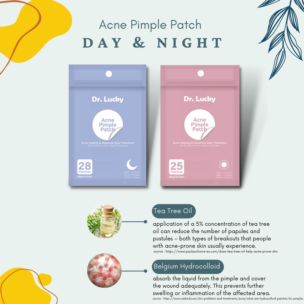 Dr. Lucky Acne Pimple Patch | Stiker Obat Jerawat | dengan Tea Tree Oil | Day 25 Patches | Night 28 Patches | Mengempeskan Menghilangkan Jerawat | Pagi Siang Malam Sticker