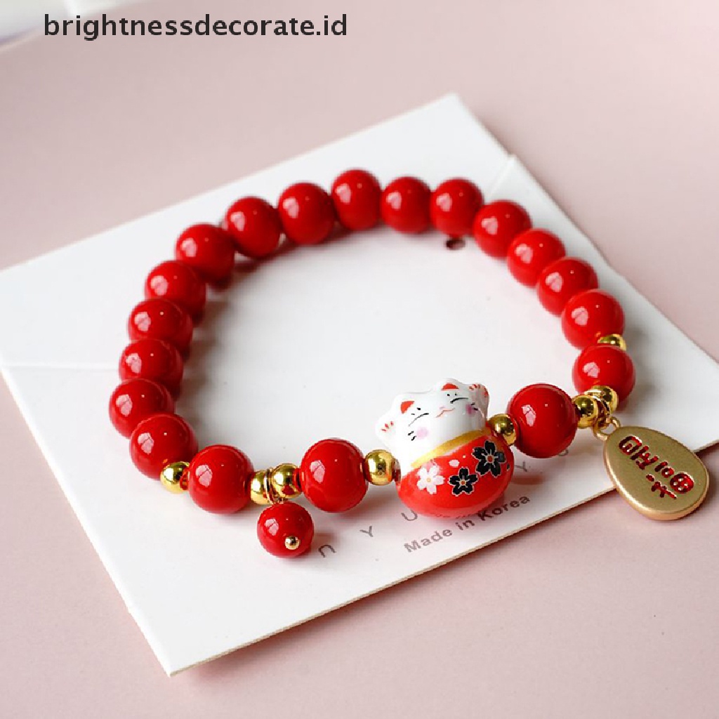 [Birth] Red Beads Ceramic Bracelet Gelang Tangan Anyaman Tali Manik Plutus Kucing Stretch [ID]