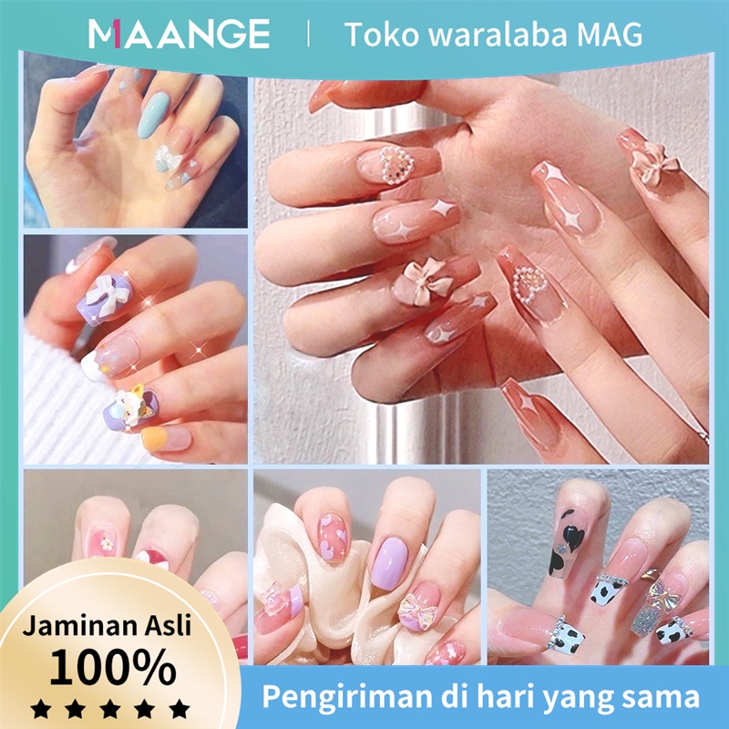 MAANGE Paket Manicure Set Kuku Palsu/ Kuku Tempel Kuku Bisa Dilepas Marble Strawberry Potongan R Tips Kuku Berlia 24 PCS