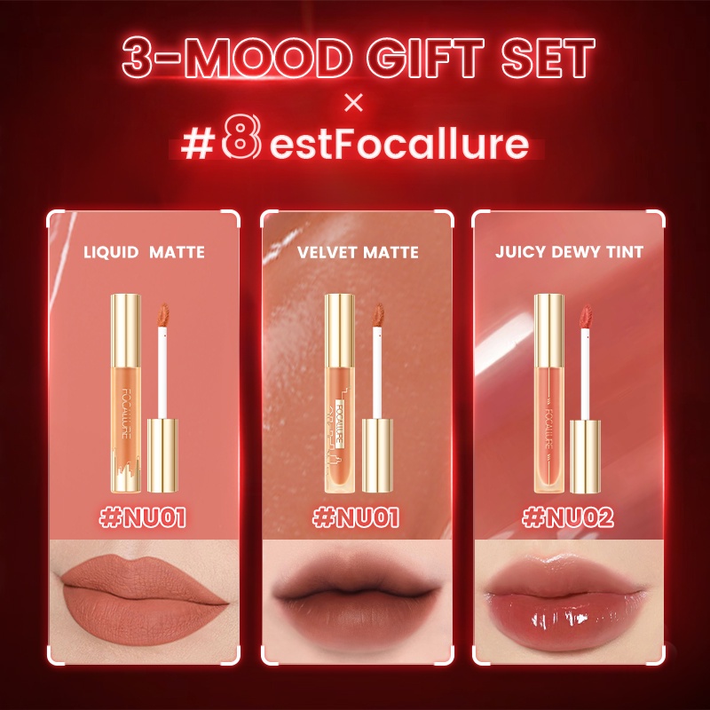 FOCALLURE 3PCS Liquid Lipstick Matte Liquid Lipstick Velvet Liptint Mirror Lip Gloss Ultralight High Pigment Airy Fit Moisturize Lip Tint