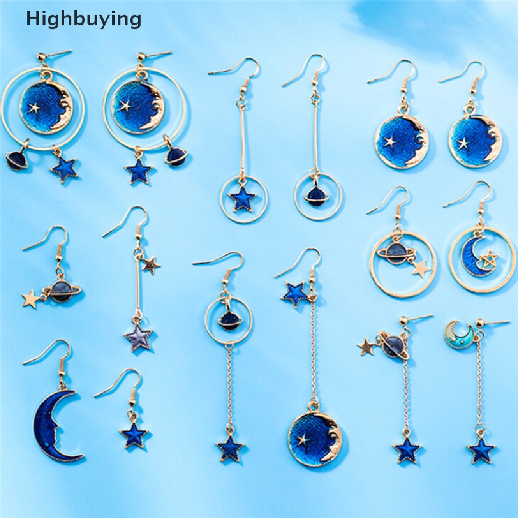 Hbid Biru Bintang Bulan Panjang Drop Menjuntai Anting Wanita Planet Ear Stud Earrings Perhiasan Glory