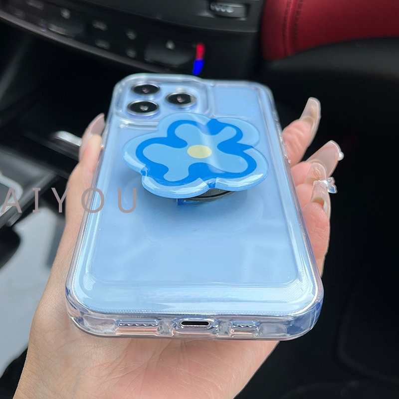 IPHONE Casing Hard Case Bening Tahan Guncangan Mewah Untuk Iphone13 14 12 Pro Max11 X XR XS 7 8 Plus Pelindung Lensa Kamera Transparan Soft Cover+Phone Holder Bunga Biru