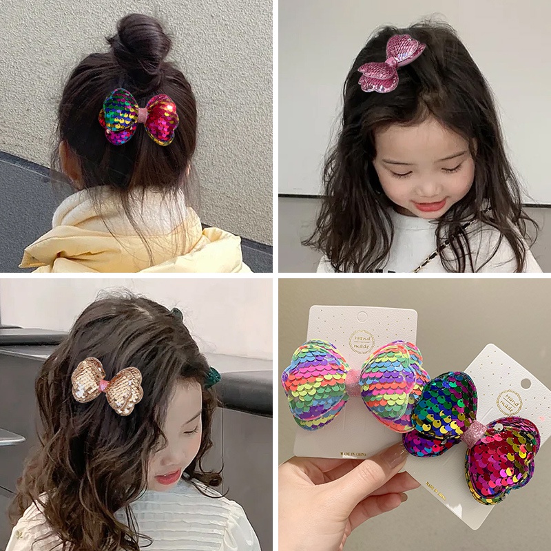 (Hello Girl)F182 Jepit Rambut Anak Pita Simpul Manik Manik Kilau Gaya Korea Import