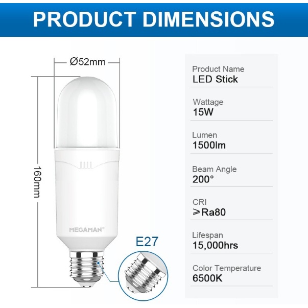 LAMPU LED / BOHLAM MEGAMAN P-BULB YTP52Z1 15W / 15 WATT GARANSI RESMI - 6500K PUTIH