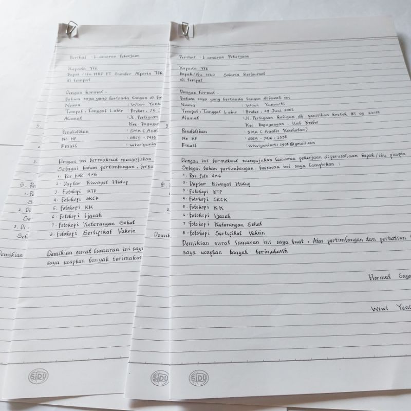 

Jasa Tulis Tangan Lamaran Pekerjaan + DaftarRiwayatHidup CV (2 LEMBAR + 2 LEMBAR )