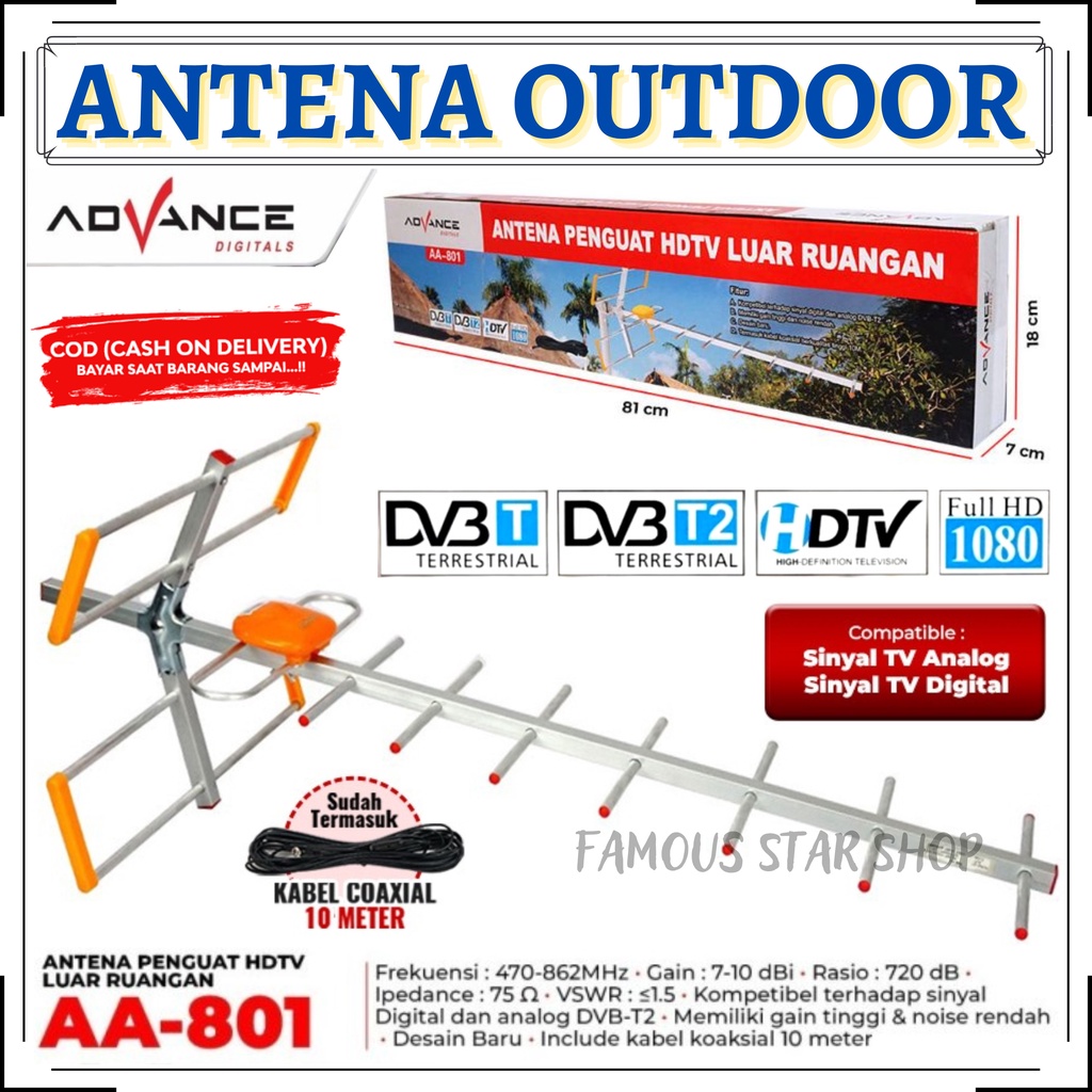 Antena Outdoor Advance UHF Analog Digitals Supprot AA-801 FULL HD / Antena Praktis DVB-T2 1080p High Gain / Anti Karat Waterproof | Advance AA 801 Antena TV Luar Ruangan / Antena TV Outdoor Full HD 1080 Advance AA-801 | FMS