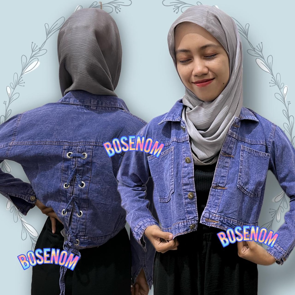 Jaket denim jeans wanita crop tali belakang kekinian