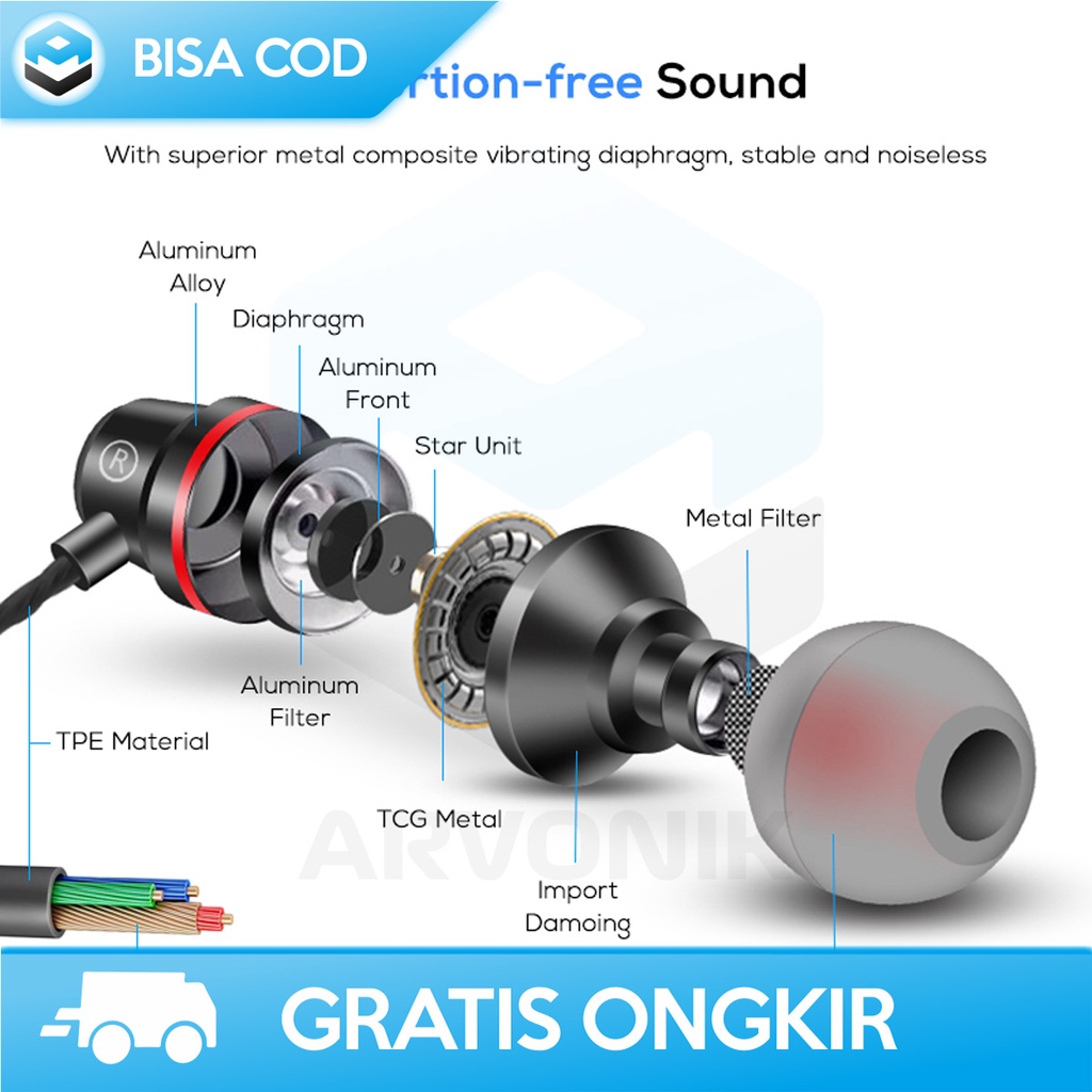 HEADSET KABEL KUALITAS TERBAIK EARPHONE DYNAMIC DRIVER NOISE ISOLATING