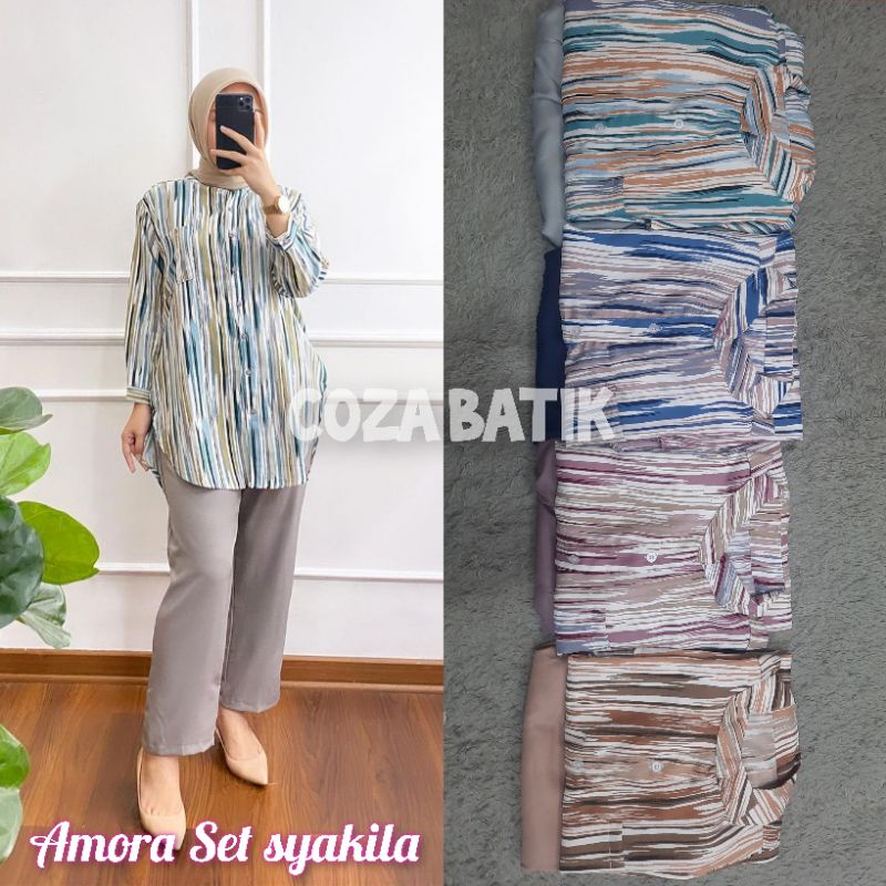 Coza Setelan Wanita Amora Set Kemeja Motif Salur Garis Lurik Abstrak Bahan Syakila Premium Size Standar Dan Jumbo XXXl 100kg Lengan panjang Setrip