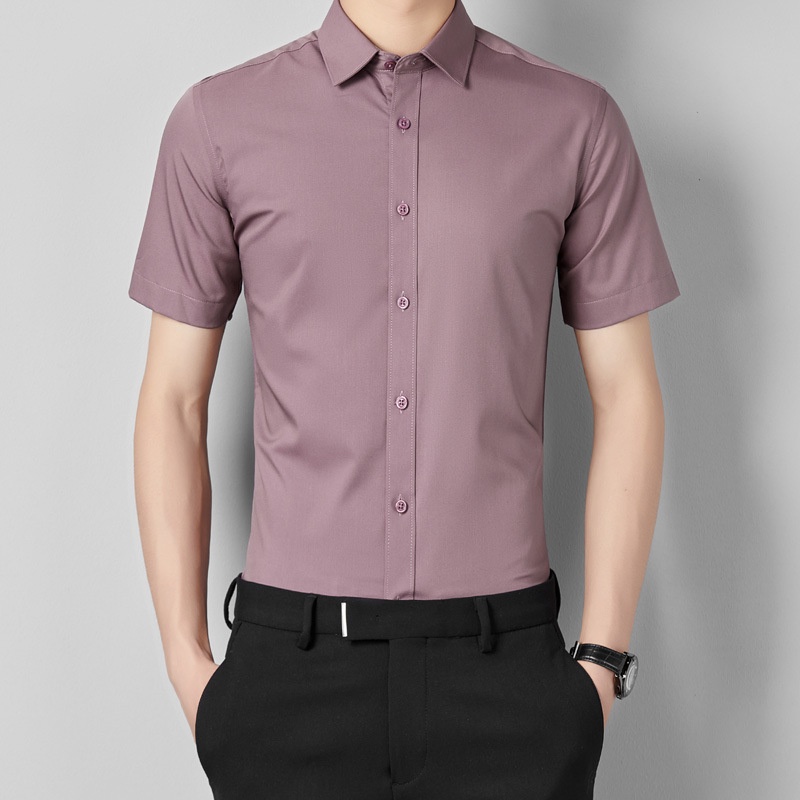 Serat Bambu Warna Solid Kemeja Pria Kerja   Kasual Lapel Bisnis Kenakan Menyetrika Kemeja Lengan Pen