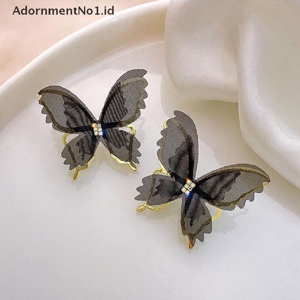 [AdornmentNo1] Anting Kupu-Kupu Jala Besar Romantis Tulle Hewan Hitam Putih Butterfly Stud Earrings Pesta Pernikahan Fashion Perhiasan [ID]