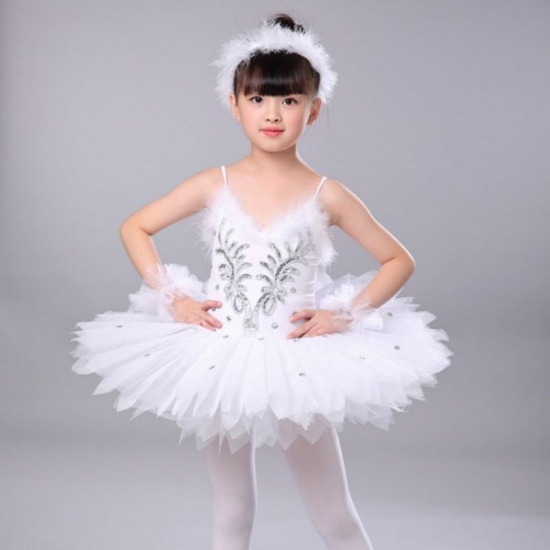 Dress baju gaun balet anak putih bulu swan angsa