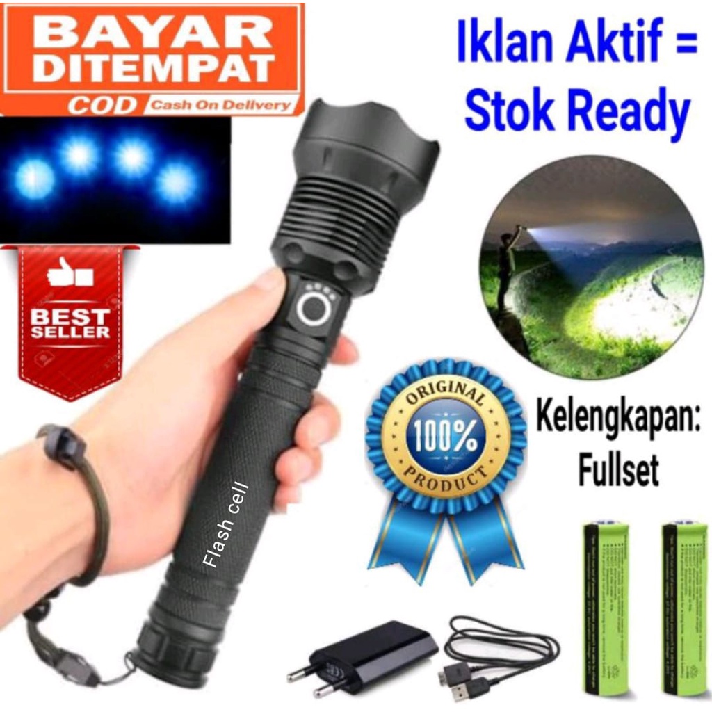 Senter LED Super Terang Jarak Jauh Original 100% XHP90 Original 90.000 Lumens