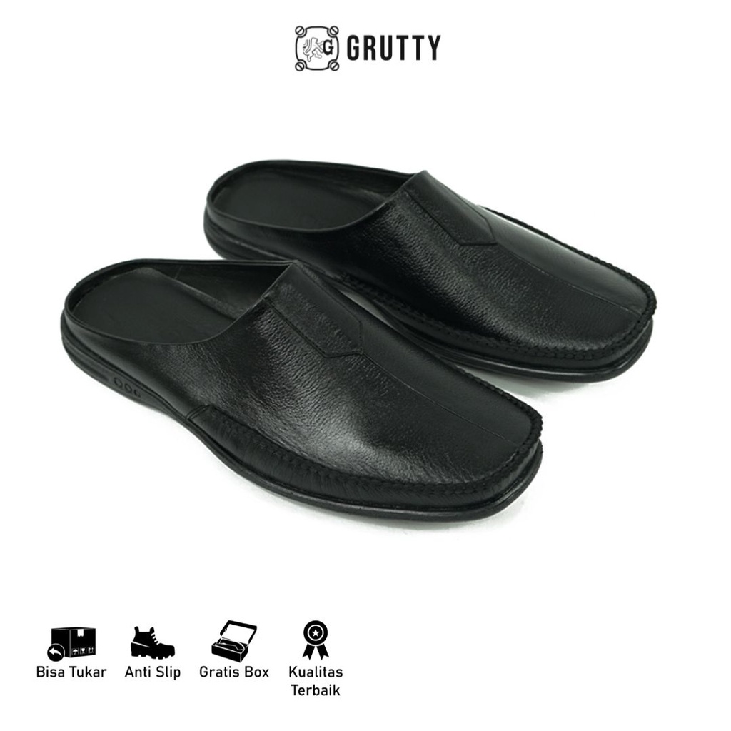 Sepatu Sandal Pria Grutty DC021 Hitam Bustong Pria Sepatu slip on selop Kulit Asli