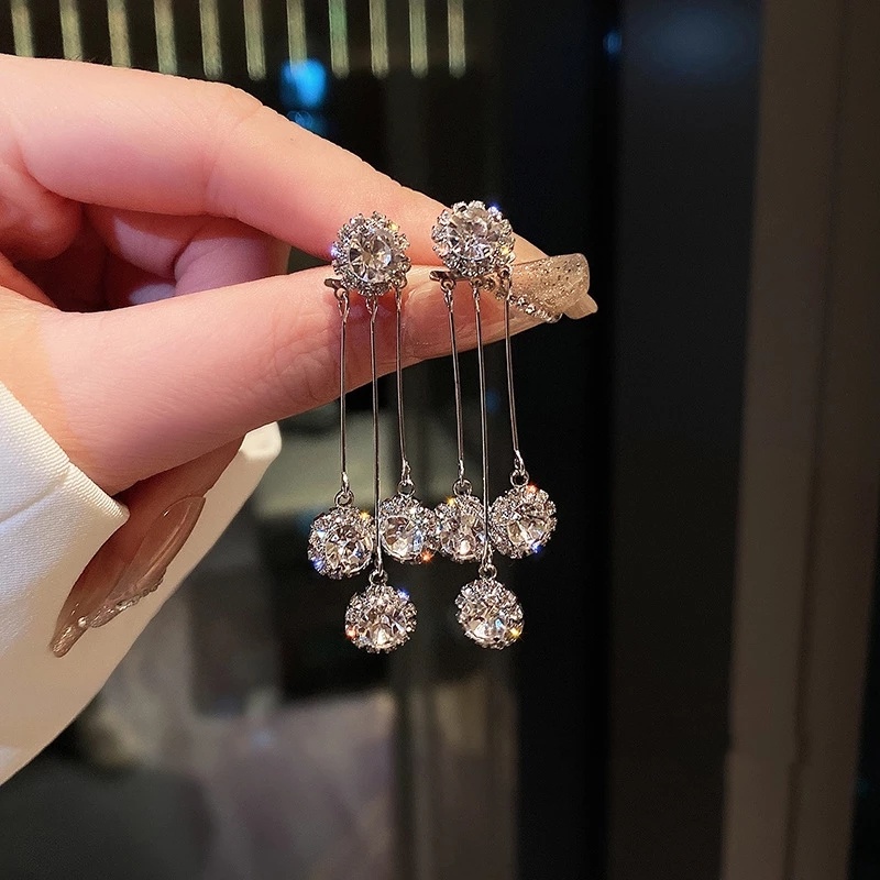 Wanita Warna Emas Perak Mewah Bulat Berlian Imitasi Rumbai Menjuntai Stud Earrings Perhiasan