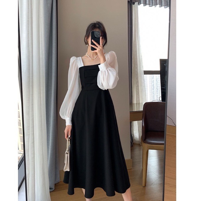 Toply shop Dres  Long Dres korean style lengan ceruty / Dres wanita bahan crinkle airflow / Long  sleeve midi lengan panjang