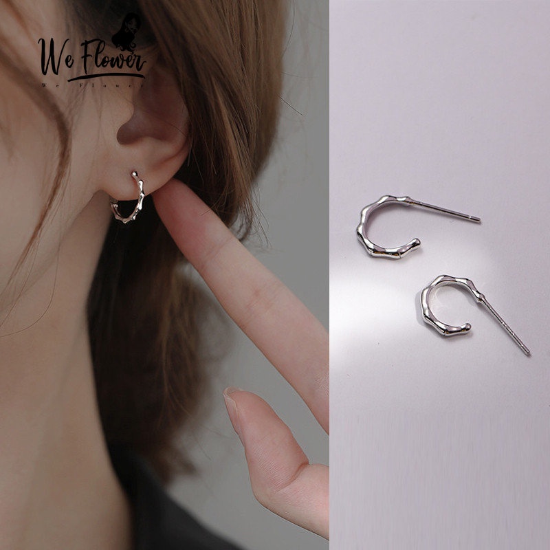 We Flower Chic s925 Perak Bambu Bersama Stud Anting-Anting Untuk Wanita Perempuan Elegan Lingkaran Bulat Manset Anting-Anting Sederhana Fashion Telinga Perhiasan