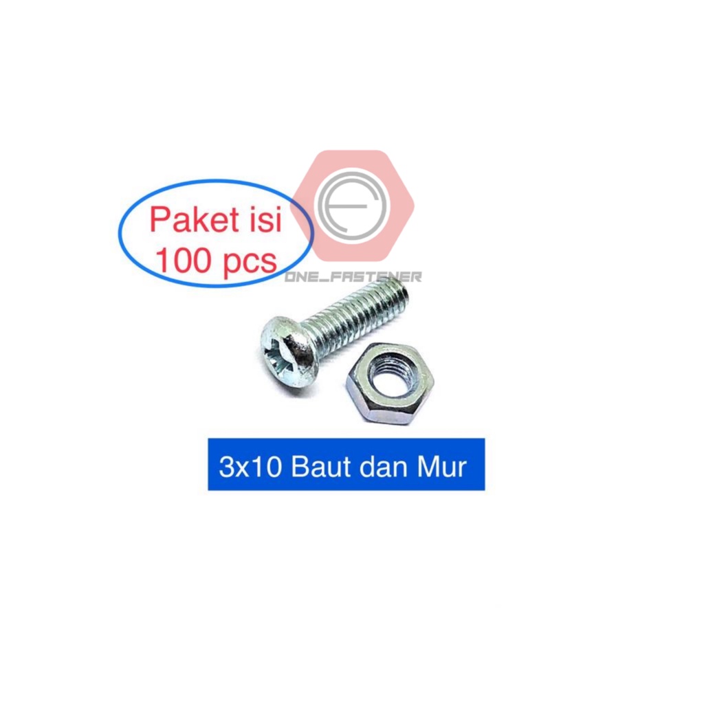 100 Pcs Baut Obeng JP M3x10 Putih Plus Mur kembang 3x10 4mm 1cm