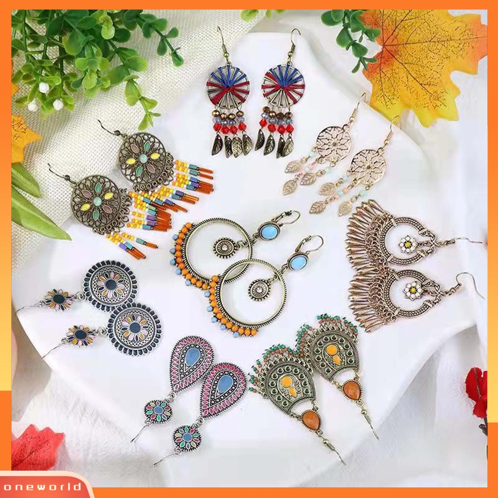 {oneworld} 1pasang Manik-Manik Multicolor Shiny Drop Earrings Bohemian Hollow Vintage Hook Earrings Perhiasan Pesta