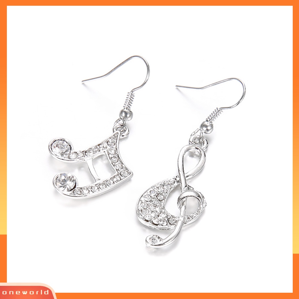 {oneworld} Fashion Wanita Musik Note Treble Clef Berlian Imitasi Menjuntai Kait Anting Perhiasan