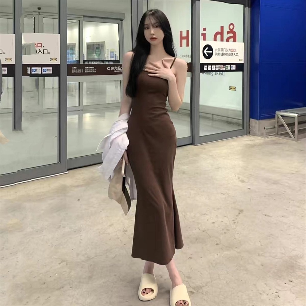 Red Sweet hot girl tanpa lengan keinginan murni temperamen suspender dress wanita musim gugur backless fishtail mid-length bottoming bag hip skirt