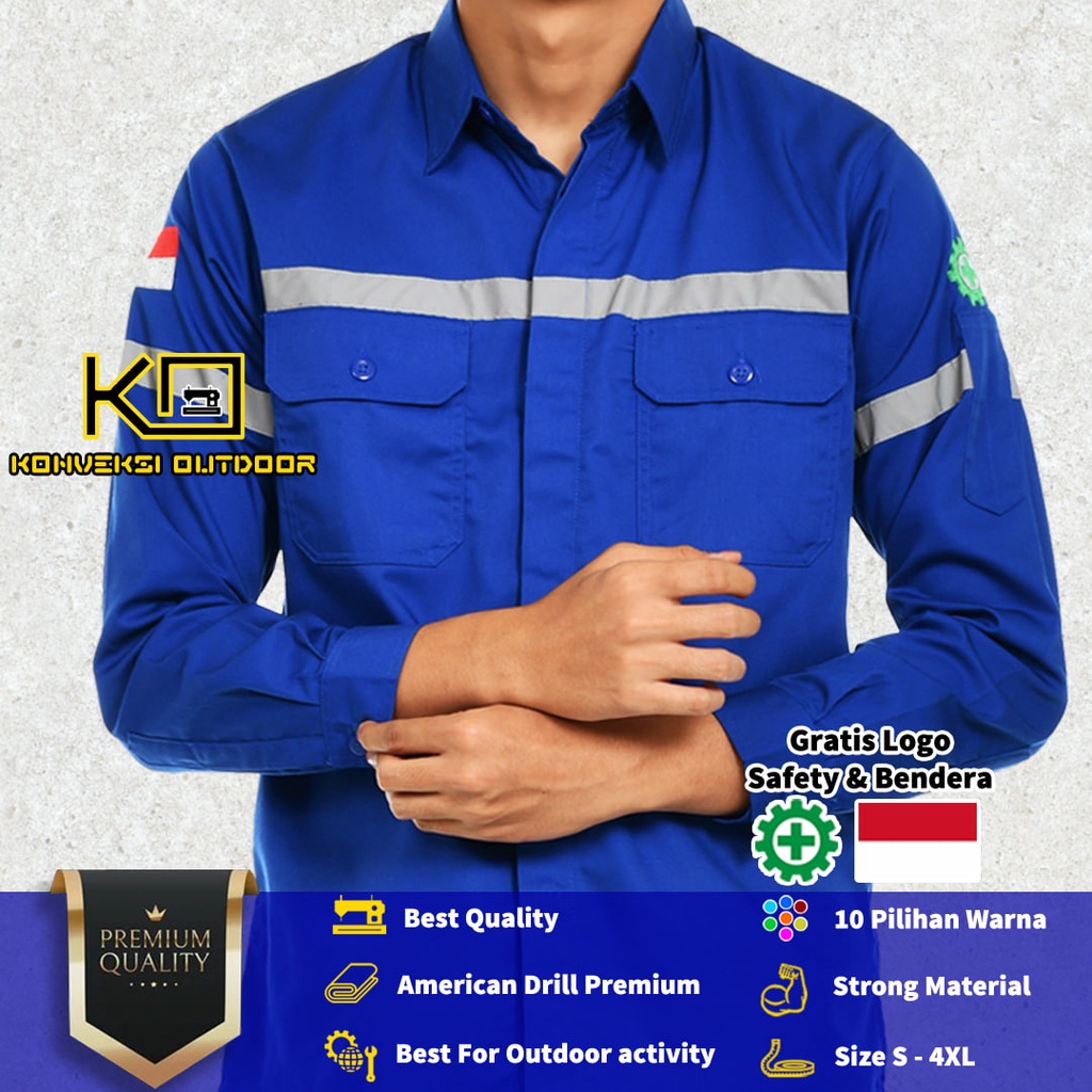 KEMEJA WEARPACK BAJU SAFETY K3 OUTDOOR INDOOR - Seragam Kemeja Kerja Lapangan Lengan Panjang Proyek Bangunan Tambang Alat Berat PLN Enginer Instalasi Mesin werpek sefti Scotlit Warna Biru Konveksi Outdoor