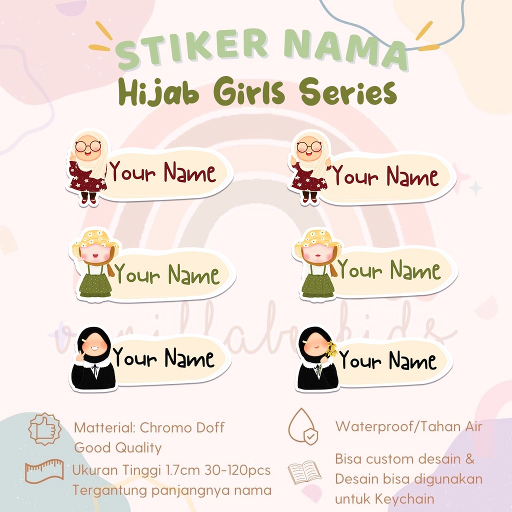 

Stiker Kiss Cut HIJAB SERIES Label Nama Waterproof Tahan Air