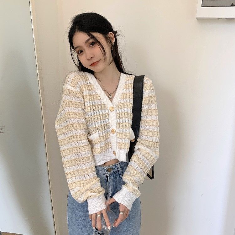 YIU YIU Rajut - Cardigan Rajut Crop Korea Stripe Sweater Kardigan Rajut Premium Lengan Panjang