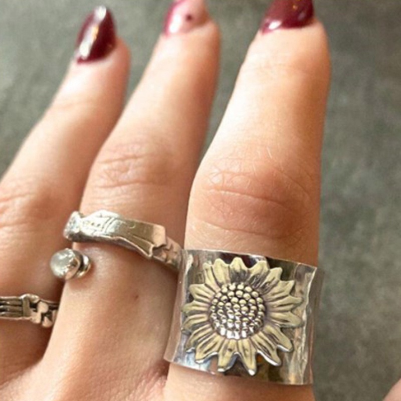 Punk Vintage Emas Bunga Matahari Cincin Untuk Wanita Berlapis Perak Jari Lebar Ring