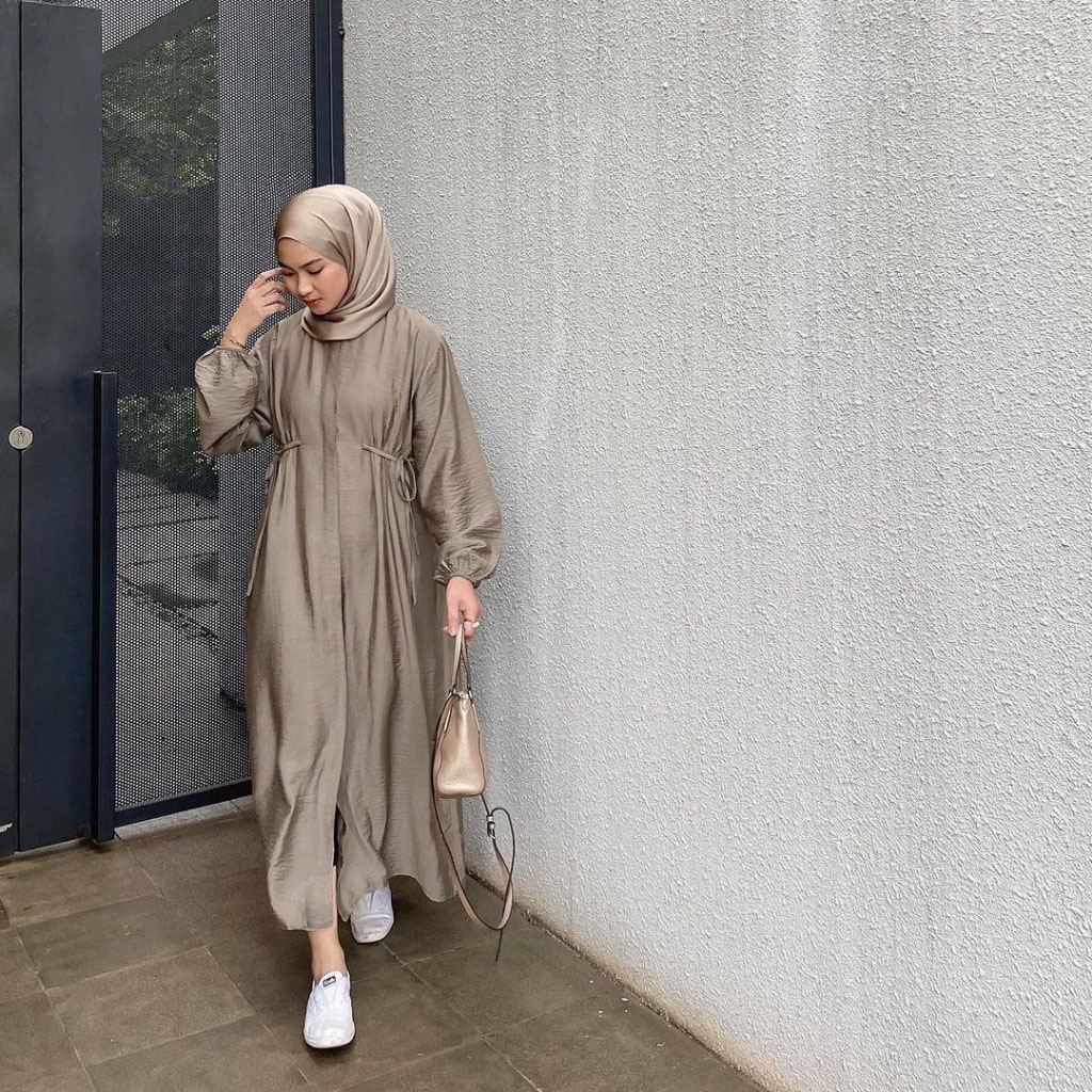 Clarissa Midi Dress Wanita - Bahan Polo Linen Premium Fashion Muslim Korean Style Perempuan Dewasa Dress Gamis Busui Lengan Balon Jumbo Size M,L,XL,XXL LD 120 Kekinian Motif Polos Terbaru 2023