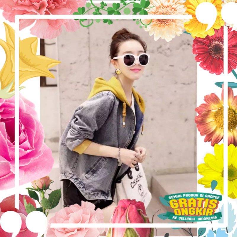 JAKET JEANS WANITA 934 / JAKET KOMBINASI / JAKET WANITA / JAKET JEANS JAKET HOODIE / merah biru kunn