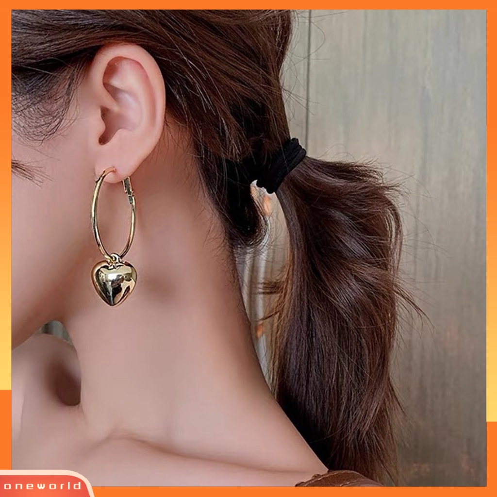 {oneworld} 1pasang Anting Hoop Bulat Hati Liontin Perhiasan Berlapis Berlebihan Fashion Penampilan Anting Menjuntai Untuk Prom